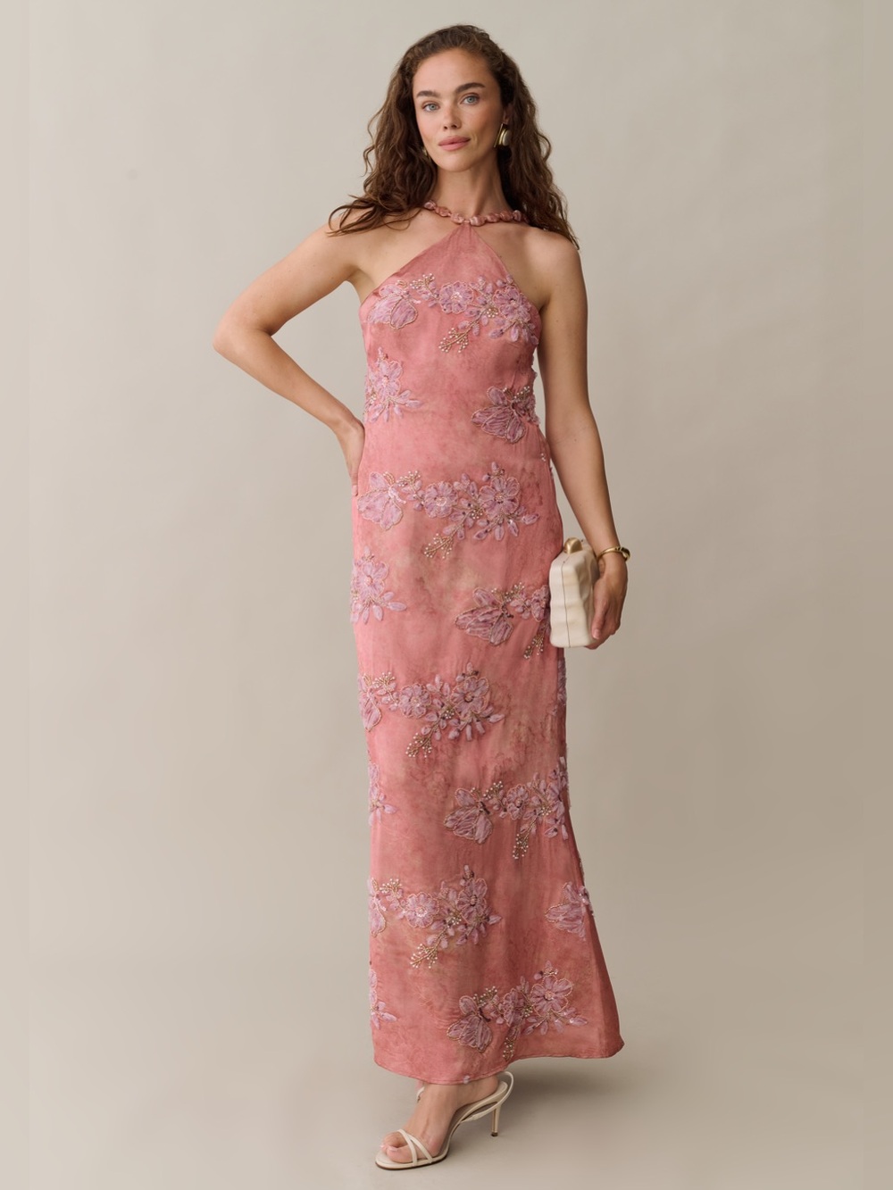 NWT Few Moda Kayda o.p.t pink sequin floral size 10 beaded maxi gown
